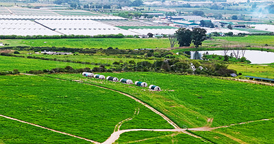 Buy stock photo Above, agriculture and coop on chicken farm for free range or organic sustainability of environment. Aerial, agribusiness and space with hen house on green landscape for livestock or poultry industry