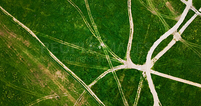 Buy stock photo Aerial, landscape and patterns with farm in countryside for agriculture or green sustainability. Above, background and wallpaper with grass field outdoor in nature for eco friendly conservation