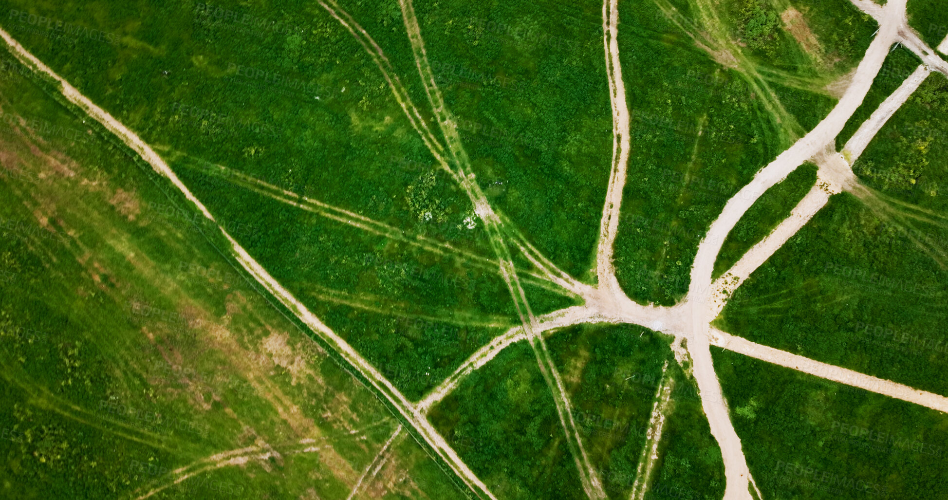 Buy stock photo Aerial, landscape and patterns with farm in countryside for agriculture or green sustainability. Above, background and wallpaper with grass field outdoor in nature for eco friendly conservation