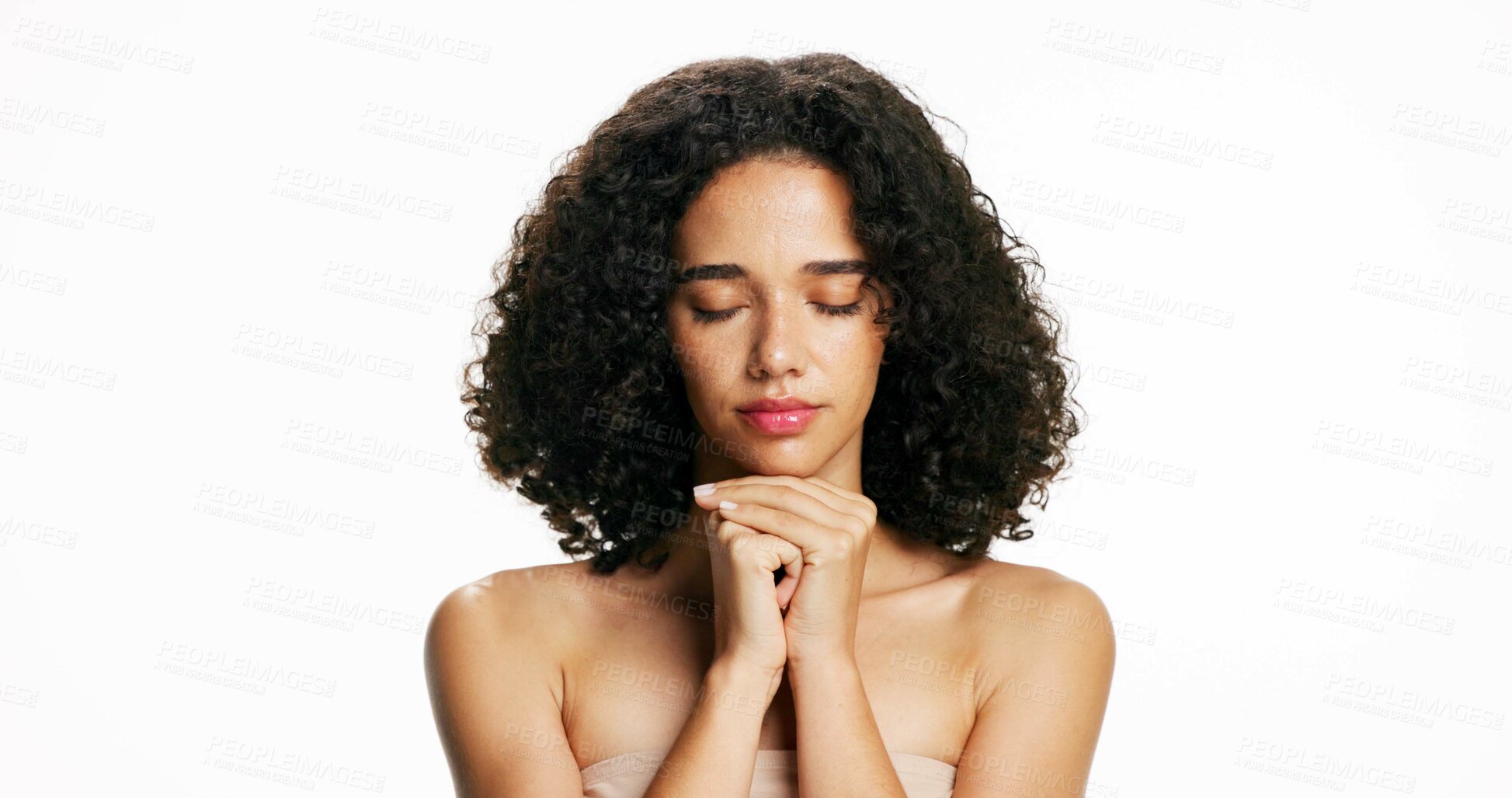 Buy stock photo Beauty, skincare and woman in studio for natural dermatology, cosmetology and space. Cosmetics, glow and female model with eyes closed, hairstyle aesthetic and facial wellness on white background