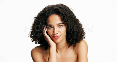 Buy stock photo Beauty, portrait and skincare with woman in studio for cosmetics or dermatology results. Aesthetic, natural hair and wellness with model person isolated on white background for self care benefits