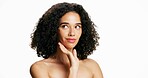 Skincare, beauty or woman thinking in studio, smooth facial texture or self care for wellness shine. Dermatology, natural afro or person with skin glow on white background, mockup space or soft touch