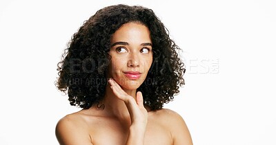 Buy stock photo Skincare, beauty or woman thinking in studio, smooth facial texture or self care for wellness shine. Dermatology, natural afro or person with skin glow on white background, mockup space or soft touch