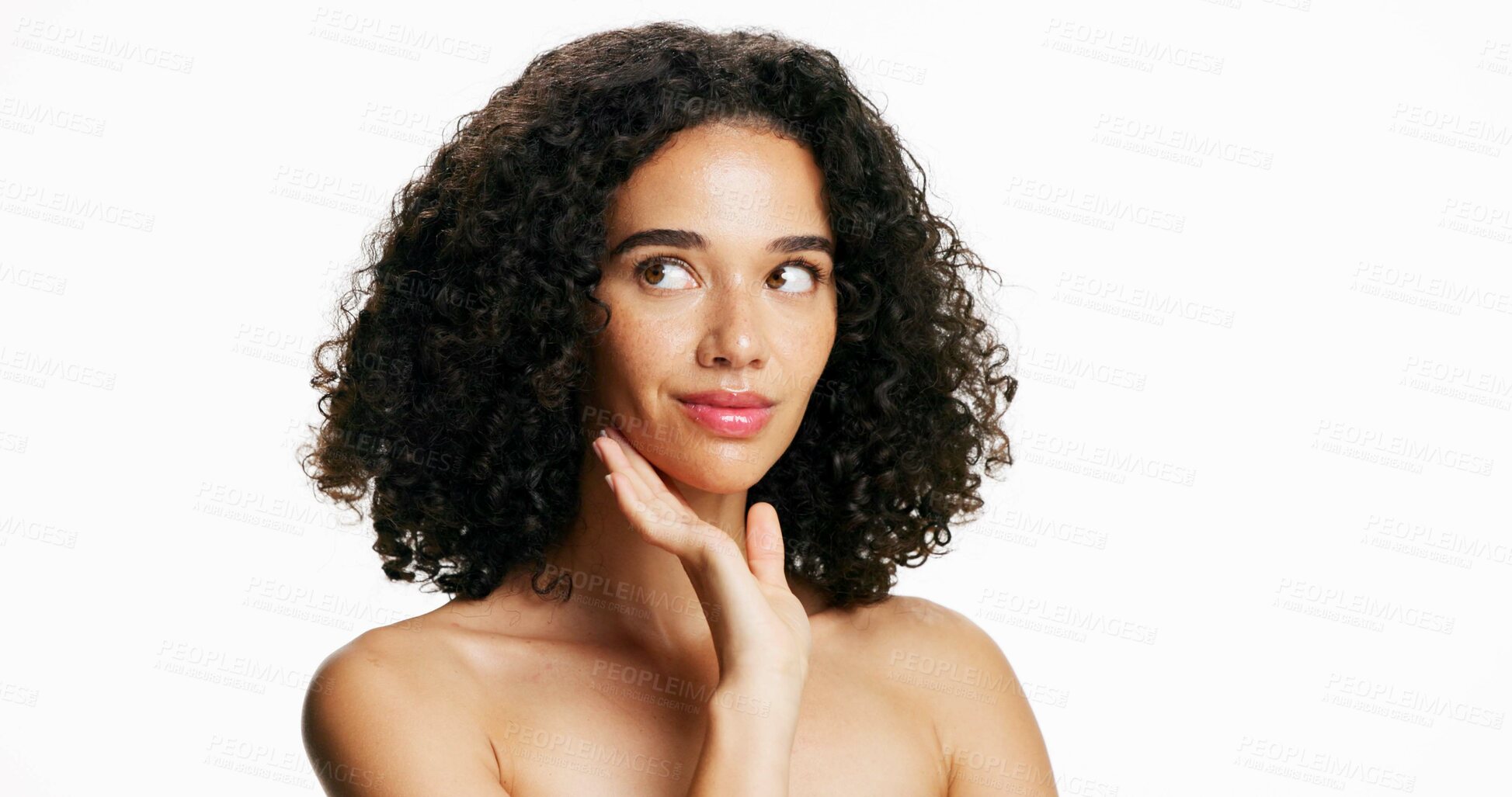 Buy stock photo Skincare, beauty or woman thinking in studio, smooth facial texture or self care for wellness shine. Dermatology, natural afro or person with skin glow on white background, mockup space or soft touch