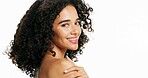 Studio, portrait and woman with smile, skincare and self care for healthy skin, shine or dermatology. White background, person and happy for results of cosmetics, mockup space and glow in Brazil