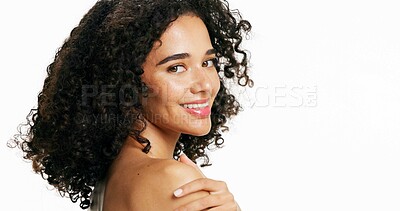 Buy stock photo Studio, portrait and woman with smile, skincare and self care for healthy skin, shine or dermatology. White background, person and happy for results of cosmetics, mockup space and glow in Brazil