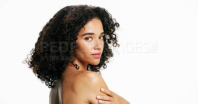 Buy stock photo Portrait, dermatology and woman in studio for skincare, body care and mockup space. Cosmetics, model and confident touch shoulder for collagen, natural aesthetic and beauty on white background