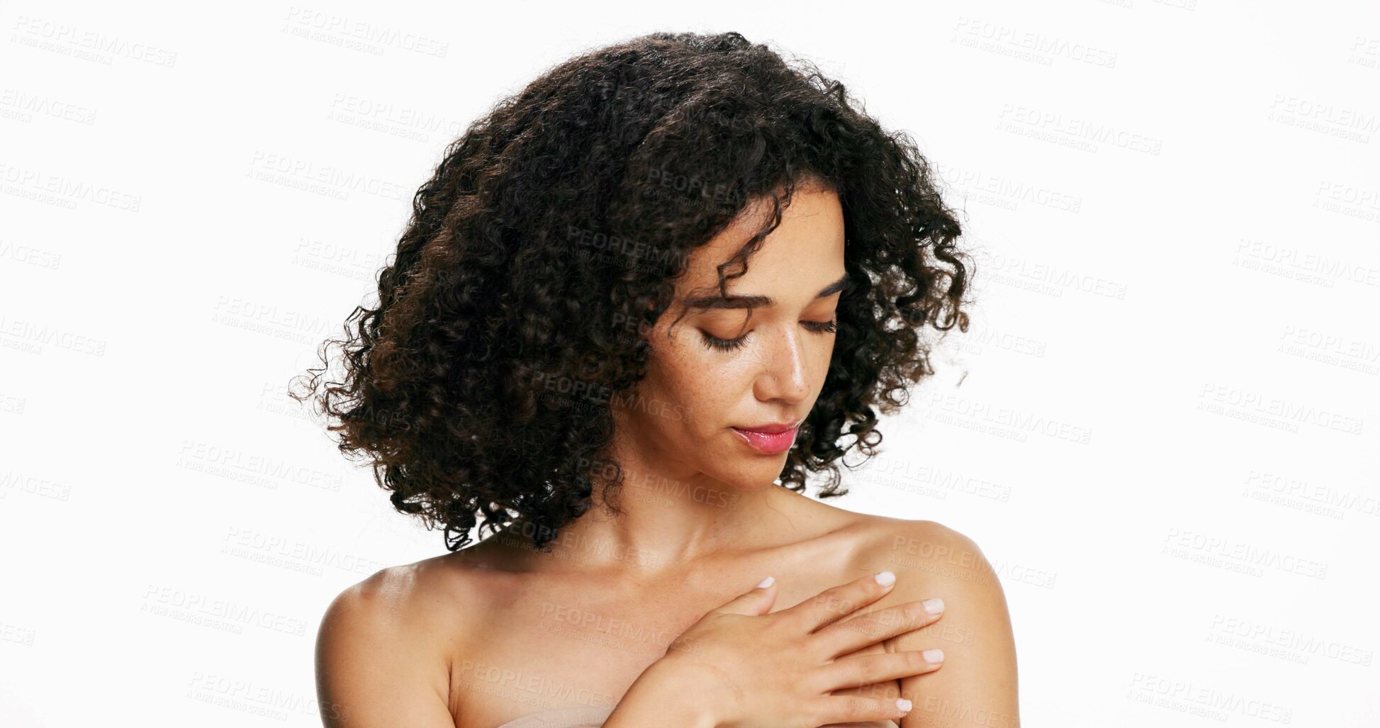 Buy stock photo Beauty, body care and woman in studio for skincare, wellness and hydration on white background. Cosmetics, model and touch chest for collagen, natural dermatology and glow with manicure for aesthetic