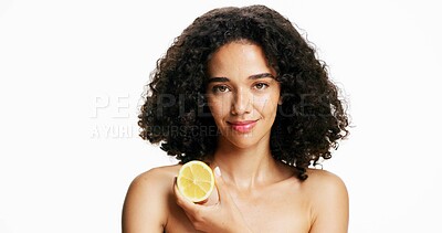 Buy stock photo Beauty, lemon and portrait of woman in studio for cosmetics, skincare results or vitamin c. Detox, fruit and natural hair with confident model on white background for organic self care for wellness