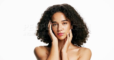 Buy stock photo Glow, dermatology and portrait of woman in studio for skincare, cosmetology and space. Cosmetics, face and confident female model with self care, aesthetic and natural hairstyle on white background