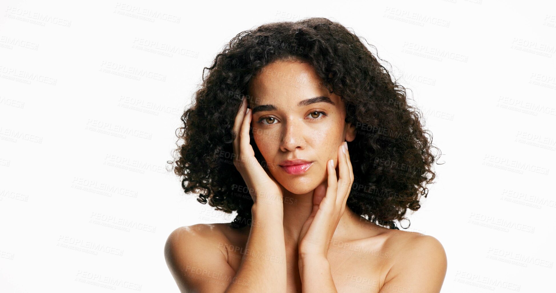 Buy stock photo Glow, dermatology and portrait of woman in studio for skincare, cosmetology and space. Cosmetics, face and confident female model with self care, aesthetic and natural hairstyle on white background