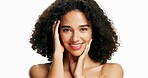 Smile, dermatology and portrait of woman in studio for skincare, cosmetology and beauty. Cosmetics, face and confident female model with self care, aesthetic and natural hairstyle on white background