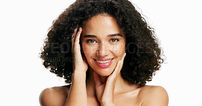 Buy stock photo Smile, dermatology and portrait of woman in studio for skincare, cosmetology and beauty. Cosmetics, face and confident female model with self care, aesthetic and natural hairstyle on white background