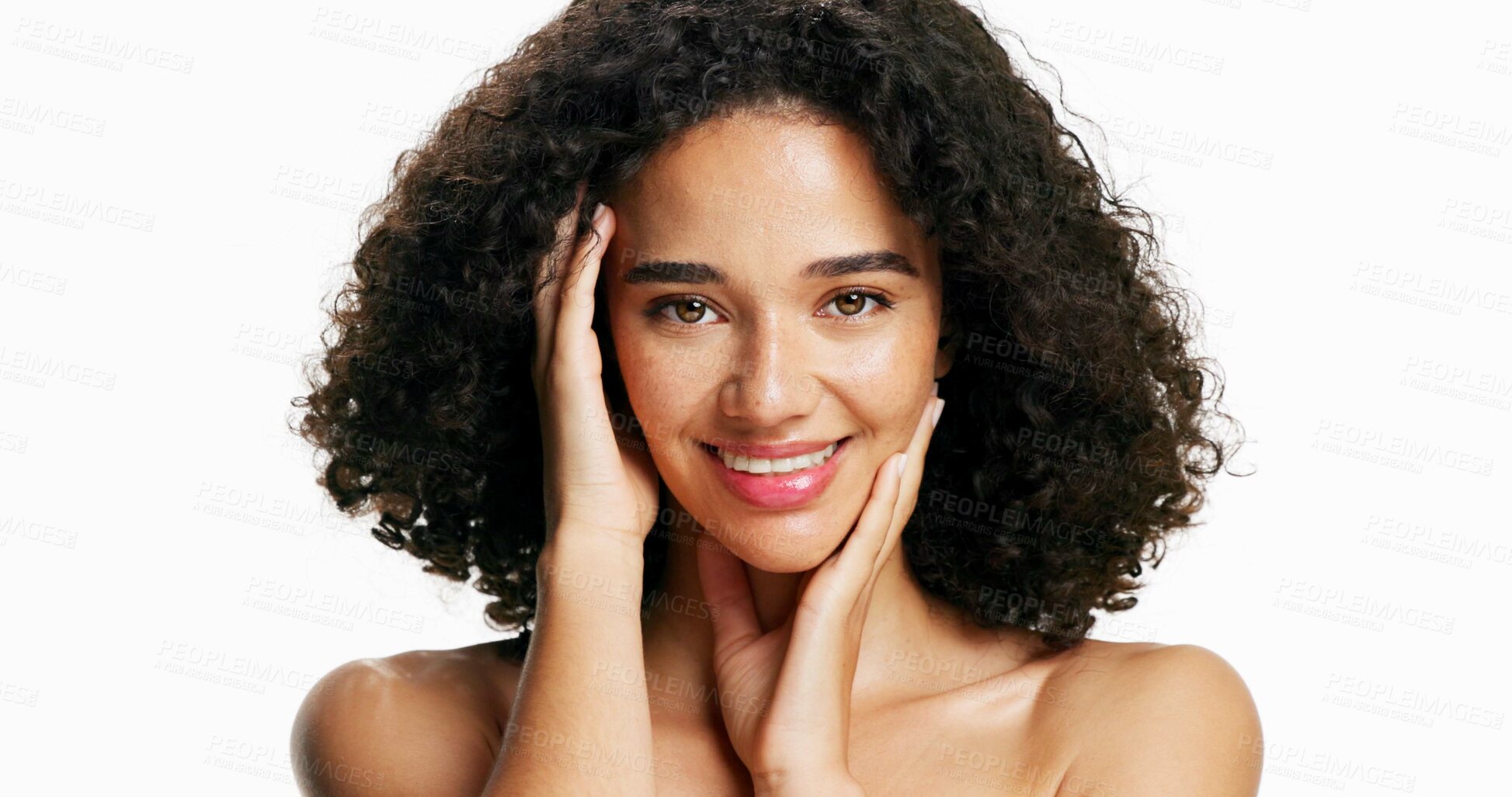 Buy stock photo Smile, dermatology and portrait of woman in studio for skincare, cosmetology and beauty. Cosmetics, face and confident female model with self care, aesthetic and natural hairstyle on white background
