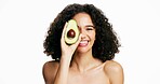 Beauty, avocado and portrait of woman in studio with hydration, natural or cosmetics routine. Glow, skincare and female person with fruit for facial moisturizing and cleansing by white background.