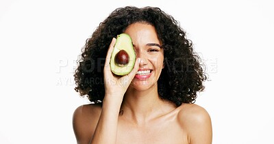 Buy stock photo Beauty, avocado and portrait of woman in studio with hydration, natural or cosmetics routine. Glow, skincare and female person with fruit for facial moisturizing and cleansing by white background.