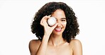 Portrait, woman and cream for skincare in studio for patch test, hydration and healthy skin. Gen z, person and lotion product for moisturizing, collagen treatment and natural glow on white background