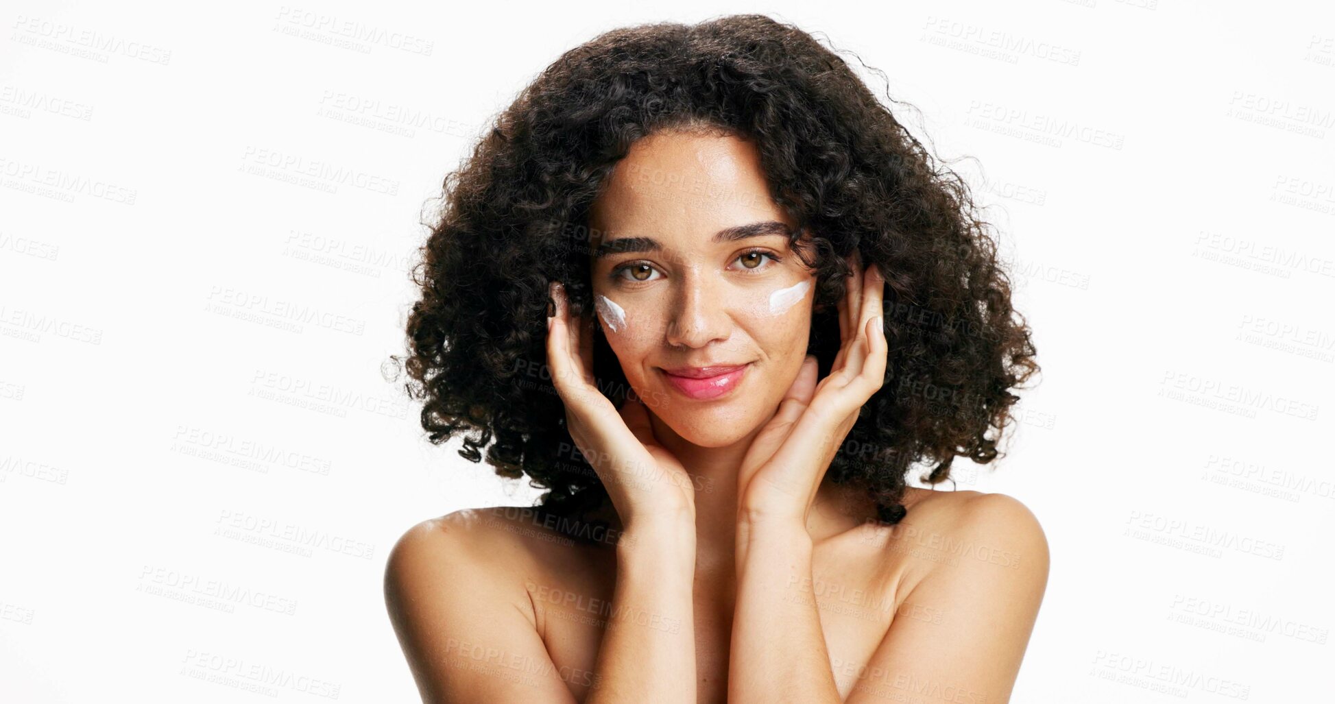 Buy stock photo Beauty, smile and cream with portrait of woman in studio for self care, hydration and sunscreen. Dermatology, skincare and uv protection with person on white background space for lotion and facial