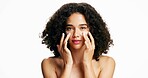 Beauty, hands and cream with portrait of woman in studio for self care, hydration and sunscreen. Dermatology, skincare and uv protection with person on white background space for lotion and facial