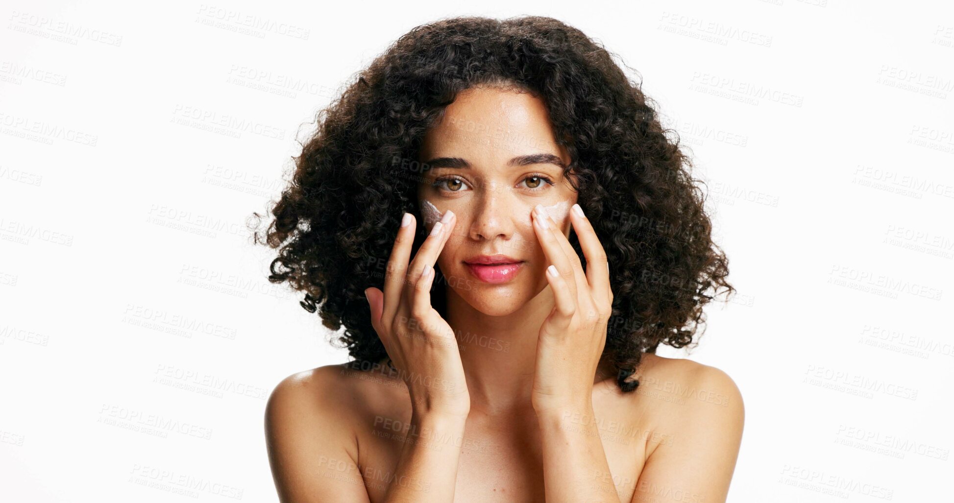 Buy stock photo Beauty, hands and cream with portrait of woman in studio for self care, hydration and sunscreen. Dermatology, skincare and uv protection with person on white background space for lotion and facial