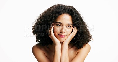 Buy stock photo Beauty, dermatology and portrait of woman in studio for cosmetics or skincare results. Aesthetic, natural hair and wellness with confident model isolated on white background for self care benefits