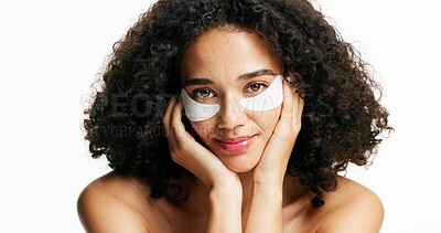 Buy stock photo Portrait, woman and eye patch for skincare in studio to reduce puffiness, dark circles and beauty. Smile, person and cosmetics with collagen, anti aging benefits and brighten skin on white background