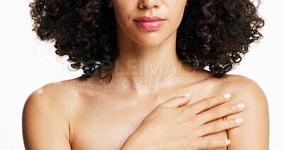 Buy stock photo Hand, body care and woman in studio for skincare, wellness and hydration on white background. Cosmetics, model and touch chest for collagen, natural dermatology and glow with manicure for beauty