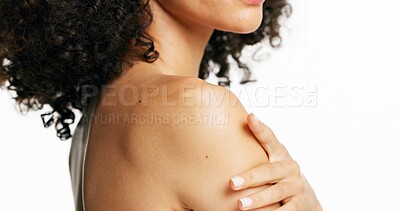 Buy stock photo Hand, shoulder and woman in studio for skincare, wellness and collagen hydration on white background. Cosmetics, model and touch for body care, natural dermatology and glow with manicure for beauty