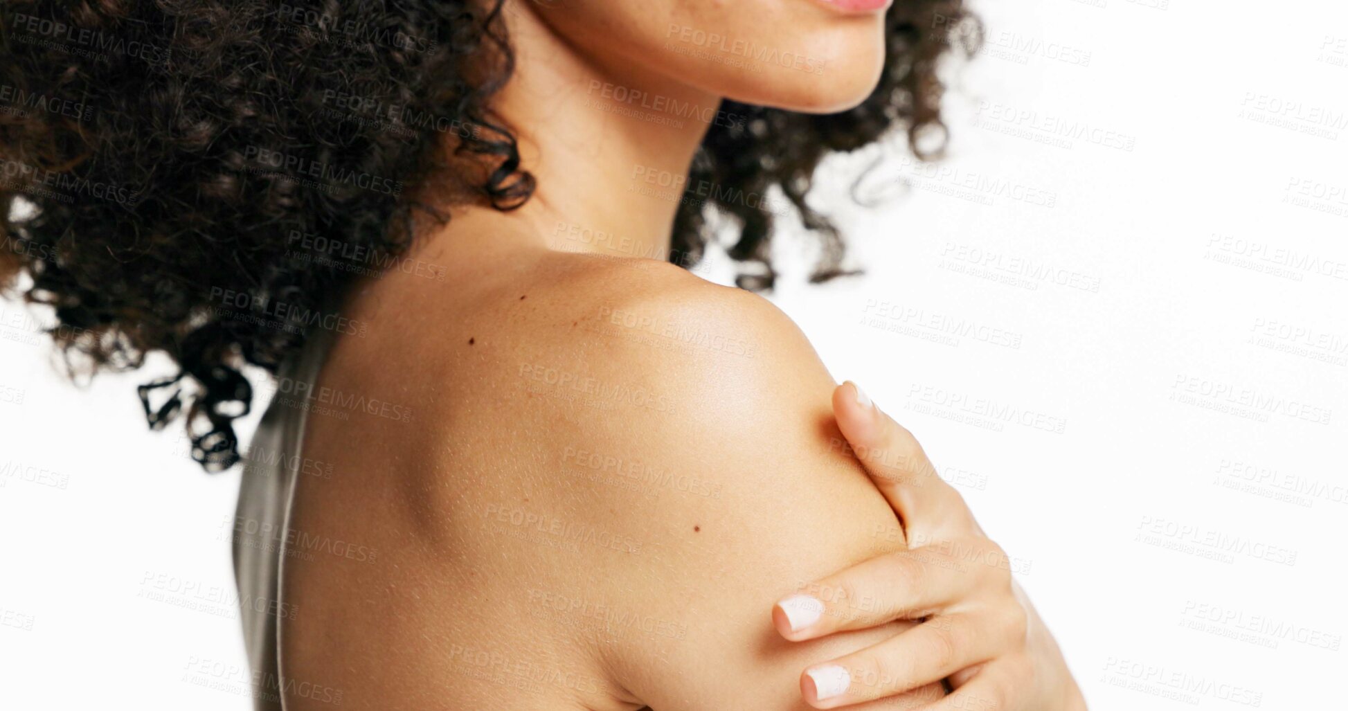 Buy stock photo Hand, shoulder and woman in studio for skincare, wellness and collagen hydration on white background. Cosmetics, model and touch for body care, natural dermatology and glow with manicure for beauty