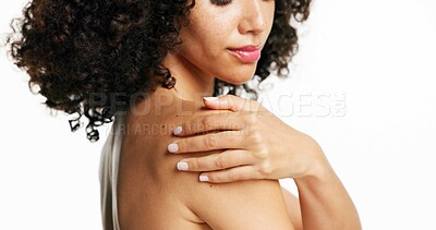 Buy stock photo Hand, shoulder and woman in studio for dermatology, wellness and skincare on white background. Cosmetics, model and touch for body care, collagen hydration and manicure for natural beauty with glow