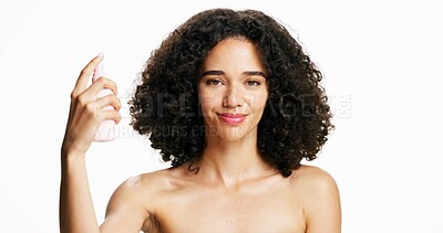 Buy stock photo Happy woman, portrait and beauty with hair spray in studio for volume on a white background. Female person, frizz or model with smile, cosmetics or product for haircare, styling or glow and shine