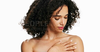 Buy stock photo Skincare, beauty and woman touch shoulder in studio, smooth texture and dermatology for wellness shine. Body care, natural afro and person with soft skin on white background, space and glow aesthetic
