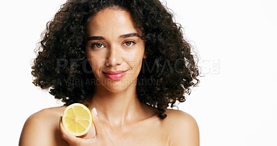 Buy stock photo Happy woman, portrait and skincare with lemon for vitamin C on a white studio background. Female person, model or smile with natural organic cirtrus fruit for antioxidant, health or wellness on space