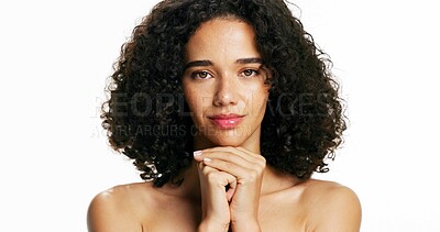 Buy stock photo Studio, portrait and woman with healthy skin, skincare and confident with self care and dermatology. White background, beauty and cosmetics for wellness, aesthetic and person with glow in Brazil