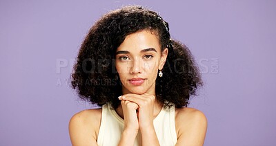 Buy stock photo Portrait, serious and woman with beauty in studio for hydration, healthy skin and makeover change. Proud, gen z and person with makeup for aesthetic, cosmetology and self care on purple background