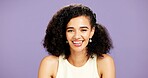 Laugh, beauty and woman in studio for hair, natural cosmetology and growth. Portrait, curly hairstyle and funny model with salon cosmetics, gen z aesthetic and texture with glow on purple background