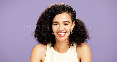 Buy stock photo Laugh, beauty and woman in studio for hair, natural cosmetology and growth. Portrait, curly hairstyle and funny model with salon cosmetics, gen z aesthetic and texture with glow on purple background