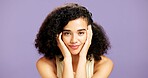 Portrait, skincare and woman in studio for beauty, natural aesthetic and facial shine for wellness. Healthy glow, dermatology and person with soft touch, afro hair and space on purple background