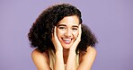 Portrait, skincare or happy woman in studio for beauty, natural aesthetic or facial shine for wellness. Healthy glow, dermatology or person with soft touch, afro hair or space on purple background