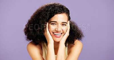 Buy stock photo Portrait, skincare or happy woman in studio for beauty, natural aesthetic or shine for wellness. Healthy glow, dermatology or gen z person with soft touch, afro hair or space on purple background