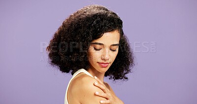 Buy stock photo Beauty, manicure and shoulder of woman in studio for cosmetics or dermatology results. Aesthetic, natural hair and touch with model isolated on purple background for nail cosmetology or skincare
