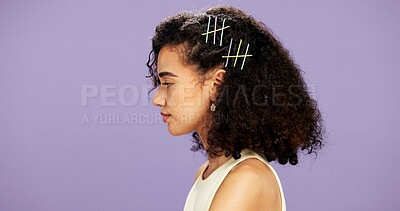 Buy stock photo Beauty, haircare and profile of gen z woman on studio space for growth, styling or volume. Aesthetic, mockup and hairstyle with y2k model isolated on purple background for conditioning results