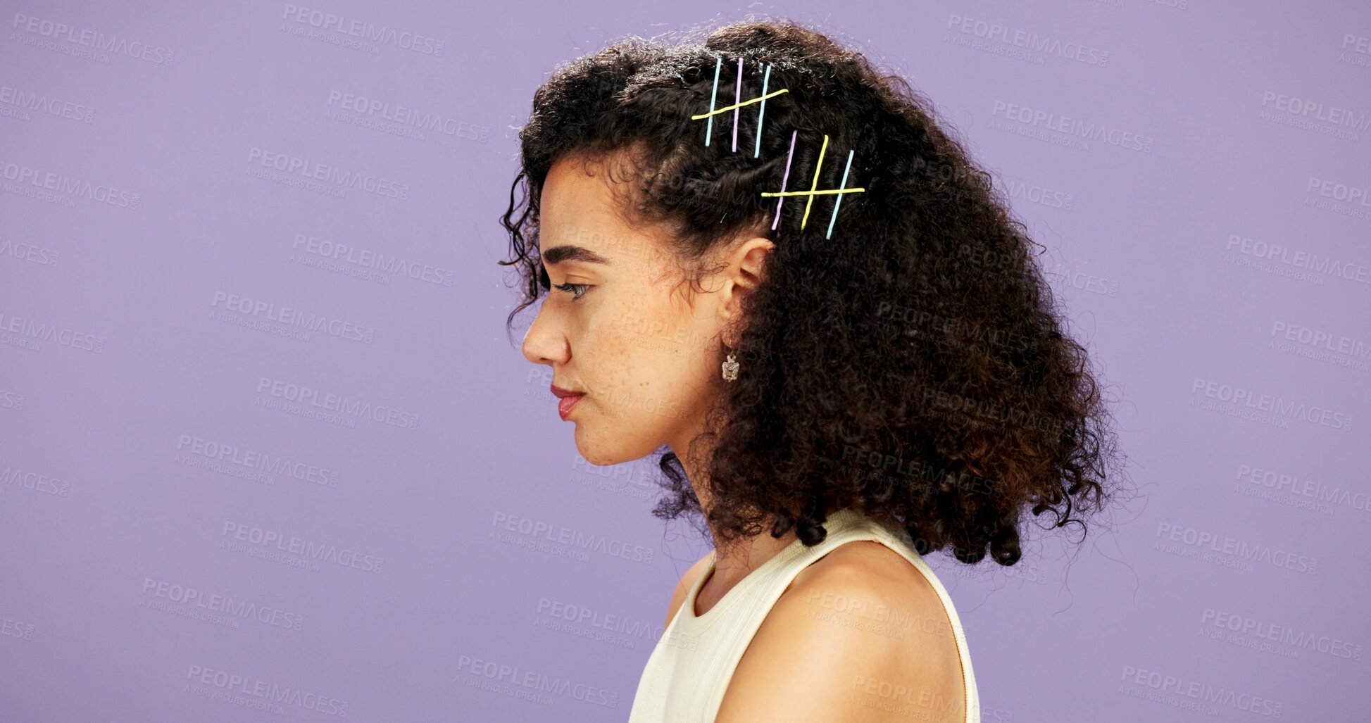 Buy stock photo Beauty, haircare and profile of gen z woman on studio space for growth, styling or volume. Aesthetic, mockup and hairstyle with y2k model isolated on purple background for conditioning results