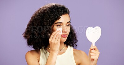 Buy stock photo Makeup, sponge and mirror with woman in studio for foundation, aesthetic and self care. Blush cosmetics, cosmetology and gen z glow with person and tools on purple background for shine and beauty