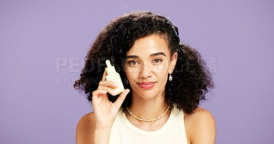 Buy stock photo Skincare, serum and portrait of woman in studio for beauty treatment, hydration and cosmetics. Dermatology, vitamin c glow and self care with person on purple background space for retinol facial