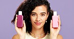 Skincare, product and portrait of woman in studio for beauty treatment, hydration and cosmetics. Dermatology, vitamin c glow and self care with person on purple background space for retinol facial