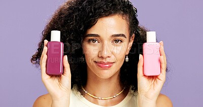 Buy stock photo Skincare, product and portrait of woman in studio for beauty treatment, hydration and cosmetics. Dermatology, vitamin c glow and self care with person on purple background space for retinol facial