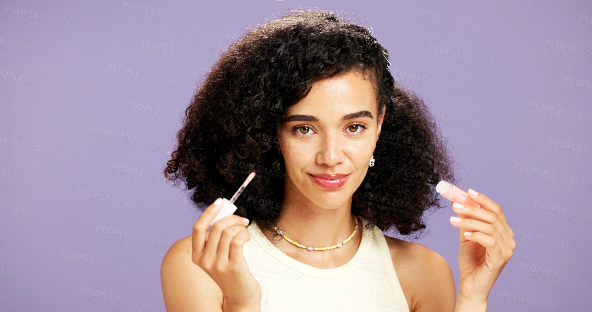 Buy stock photo Beauty, lip gloss and portrait of woman in studio for hydration or moisturizer application. Aesthetic, cosmetics and mouth product with African model isolated on purple background for dermatology