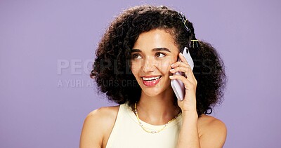 Buy stock photo Happy woman, chatting and conversation with phone call in studio on a purple background. Female person, model or talking with smile on mobile smartphone for communication, friendly discussion or app