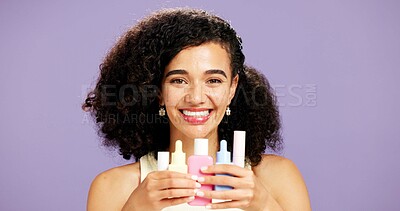 Buy stock photo Happy woman, portrait and skincare with beauty cosmetics for dermatology on a purple studio background. Female person, smile and hydration with products or retinol for vitamin C or selection facial